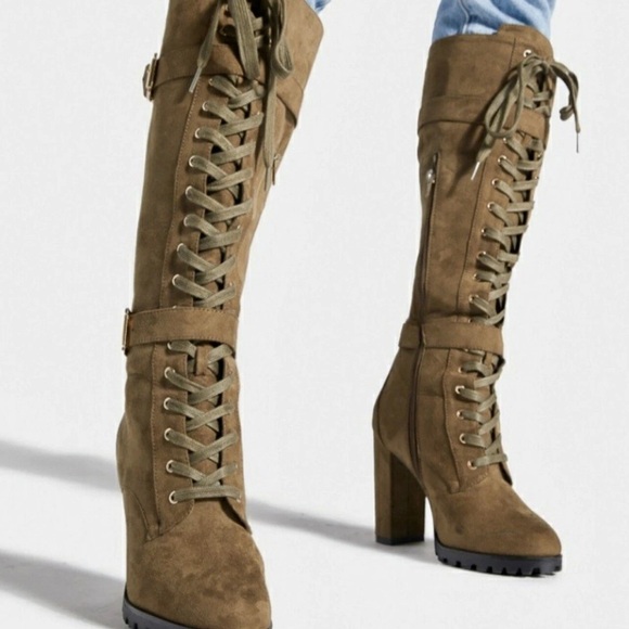 Shoe Dazzle Rangi Block Heeled Boots Olive Caviar Lace Up Women's Size 8.5 new - Picture 1 of 6